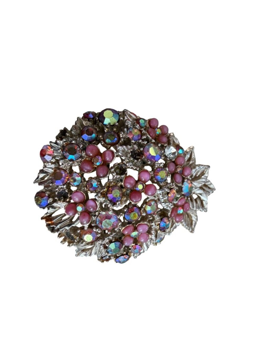 Vintage Signed ART Strawberry AB Rhinestone Pink Bead Floral Brooch Pin 2" READ